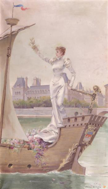 Louise Abbéma (1853-1927), La Ville de Paris portant Sarah Bernhardt, allégorie signée, aquarelle, vers 1900, 77,5 x 45,5 cm. Espace Pierre Cardin, 28
