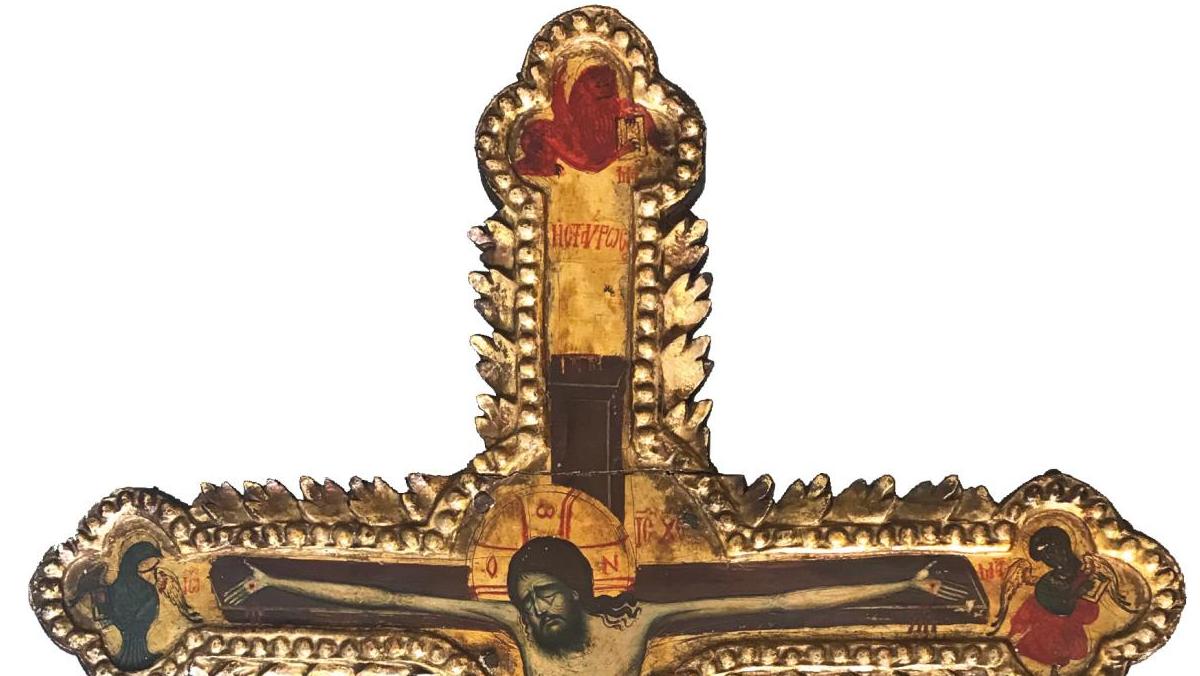 Iles grecques ou côte dalmate, vers 1700.Croix d’iconostase, tempera sur bois et... Iconique crucifixion