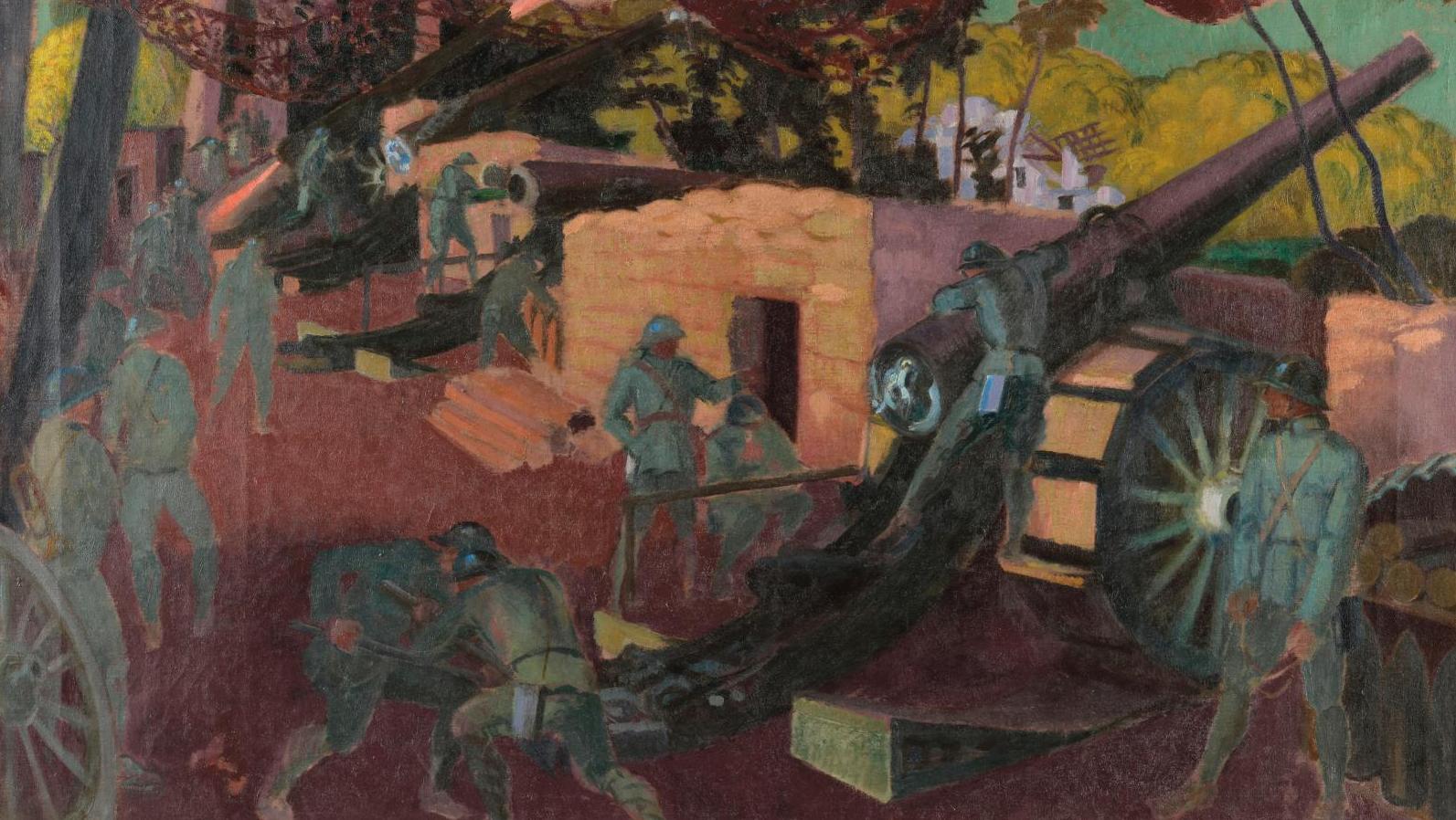 Maurice Denis (1870-1943), Batterie de 155 en forêt de Coucy, huile sur toile, signée... Le choc de la modernité