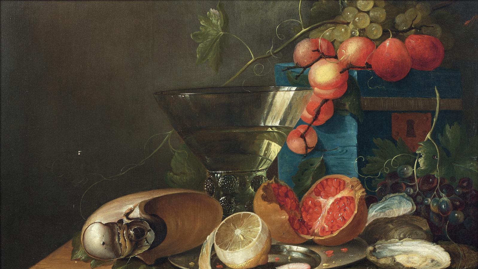 Attribué à Jan Jansz de Heem (1650-1695), Nature morte aux citron, grenade, verre... Vanitas, omnia vanitas…