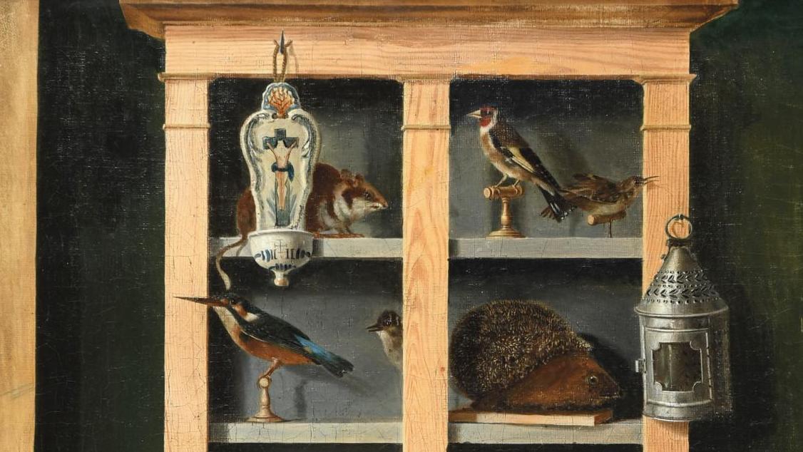 Gabriel-Germain Joncherie (1800-1850), Trompe-l’œil illustrant un cabinet de curiosités,... Un cabinet de curiosités plus vrai que nature