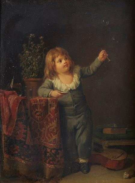Louis Marie Marc Antoine Bilcocq (1755-1838), Une enfant qui joue avec des bulles de savon, 1785, huile sur panneau, 22,5 x 17 cm. Paris, Drouot, 31 o