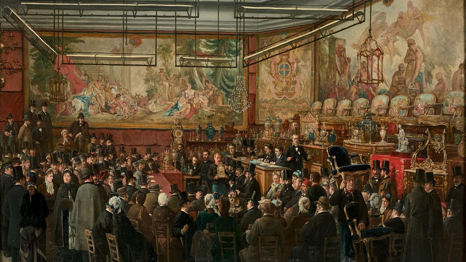 Benjamin Eugène Fichel (1826-1895), À l’Hôtel Drouot, huile sur toile, 61 x 90 cm,... Une scène historique à Drouot : La vente de Vaux-Praslin