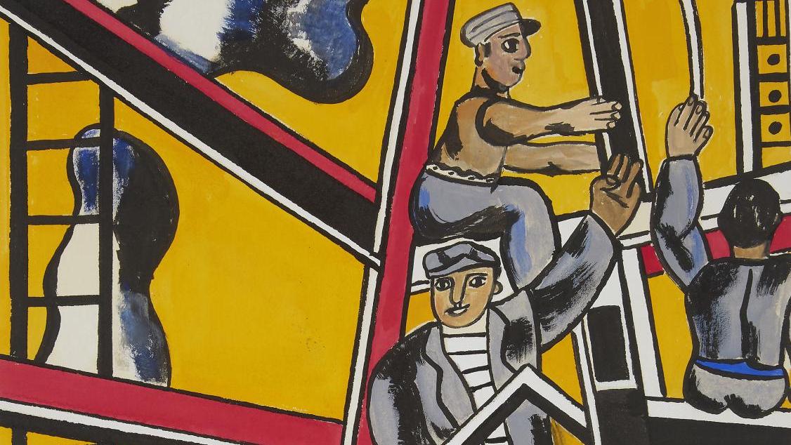 Fernand Léger (1881-1955),  Les Constructeurs, gouache sur papier monogrammée en... À la gloire de la reconstruction