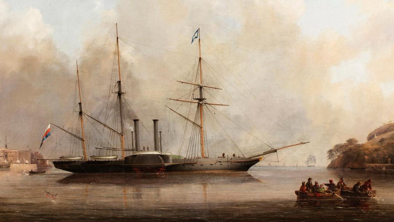 Nicholas Matthews Condy (1816-1851), La Frégate à vapeur russe Vladimir, huile sur... Le calme avant la tempête