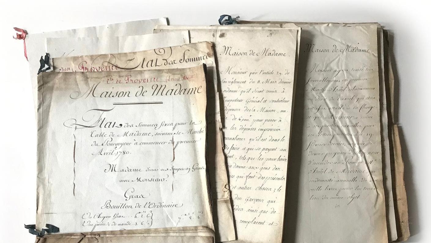 Maison de Madame. 38 mémoires manuscrits in-folio brochés par rubans de soie, 1777-1785.... Des chiffres et des lettres
