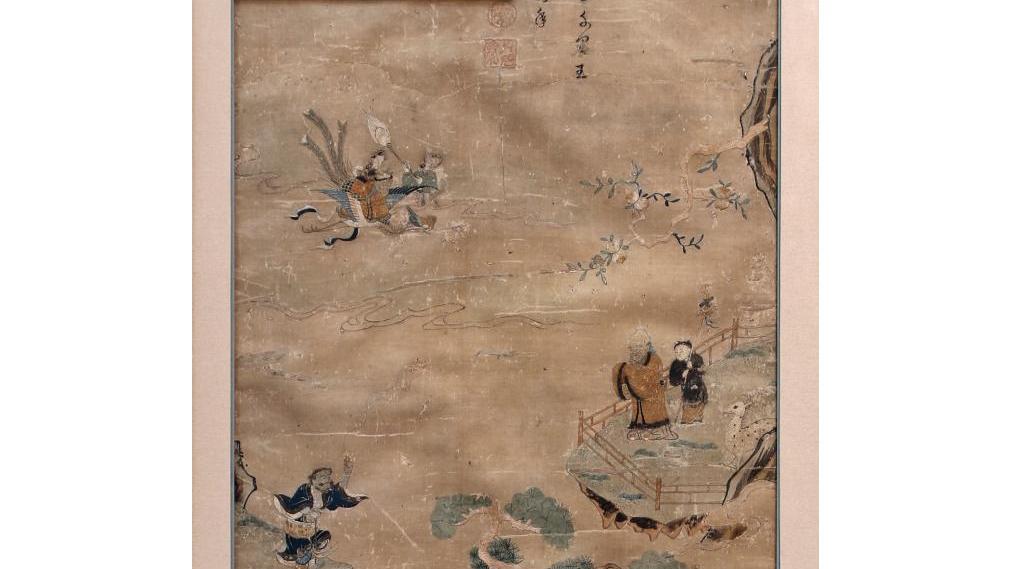 Chine, XVIIIe siècle, broderie et encre polychrome de la famille Gu, soie écrue,... Gu, une célèbre  école de broderie chinoise