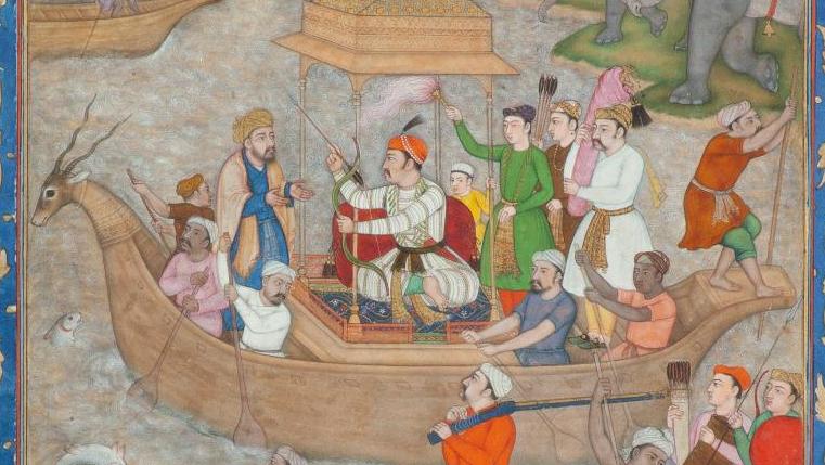 Attribuée à Dhanraj, Inde moghole, vers 1597, Akbar à la chasse sur la route de Lahore... La gloire d’Akbar