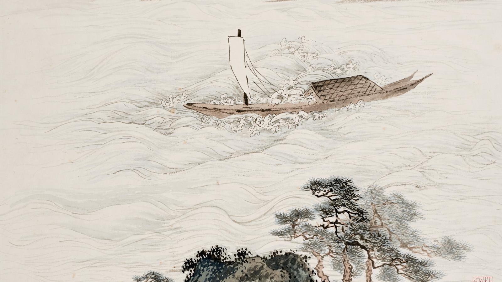 Pu Quan, encre et couleurs sur papier, représentant un bateau dans les flots agités... Les Pu Quan de Fritz van Briessen