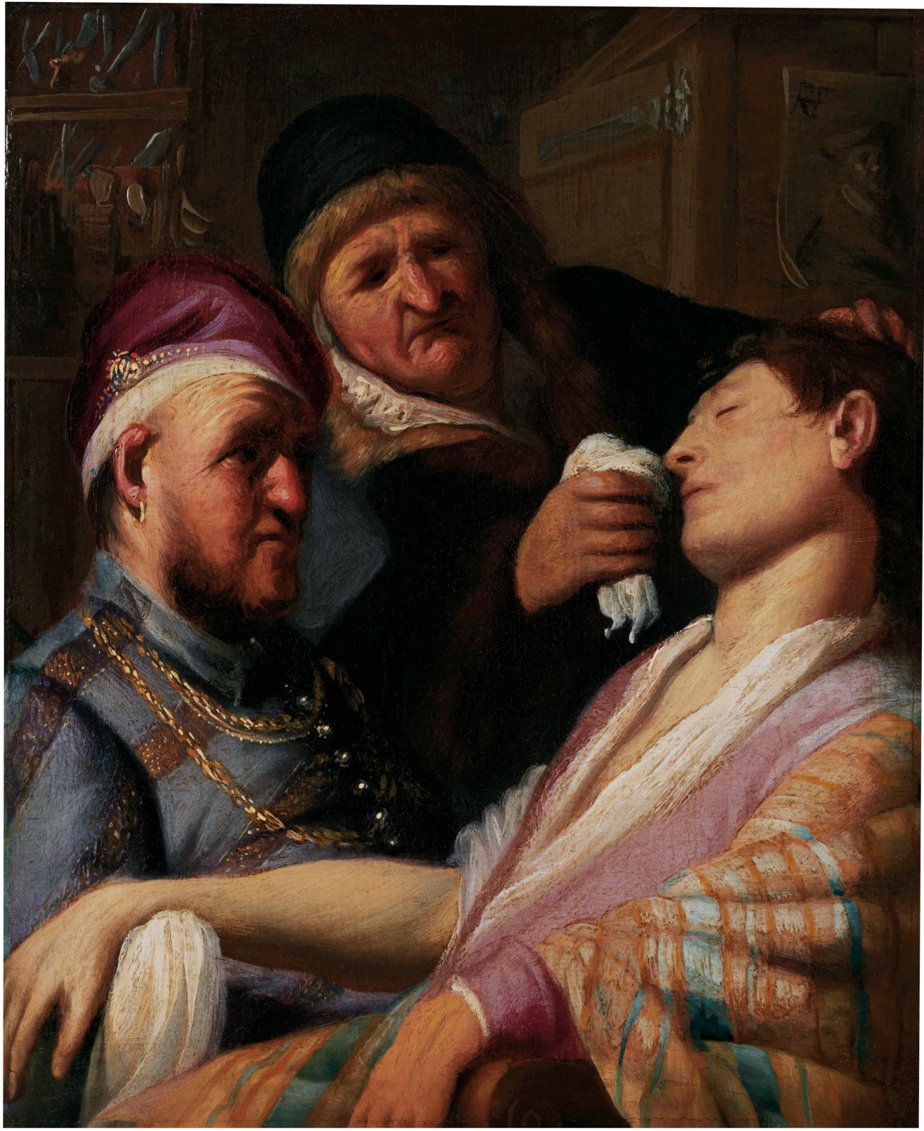 Rembrandt van Rijn (1606-1669), Le Patient inconscient (allégorie de l’odorat), vers 1624-1625, huile sur panneau, 21,6x17,8 cm. © The Leiden Collecti