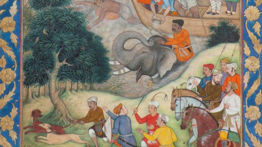 Attributed to Dhanraj, Mughal India, ca. 1597, Akbar hunting on the road to Lahore... The Glory of Akbar