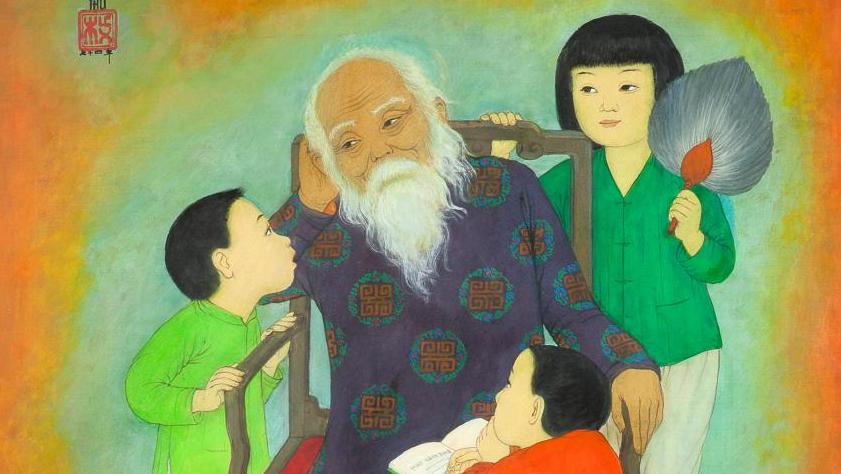 Mai Trung Thu, known as Mai-Thu (1906-1980), Auprès du grand-père (With the Grandfather),... Mai-Thu, a Scene of Family Piety