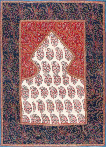 3 456 €Tapis de prière en châle cachemire, nord-ouest de l’Inde, début du XIXe siècle, 64 x 94 cm. Drouot, 11 avril 2016. Gros & Delettrez OVV. M. Ach