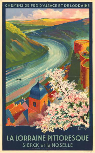 704 €André Galland (1886-1965), Sierck et la Moselle (reproduit), et Claude Gadoud (1905-1991),Les Trois Épis, Turckheim, deux affiches pour les Chemi