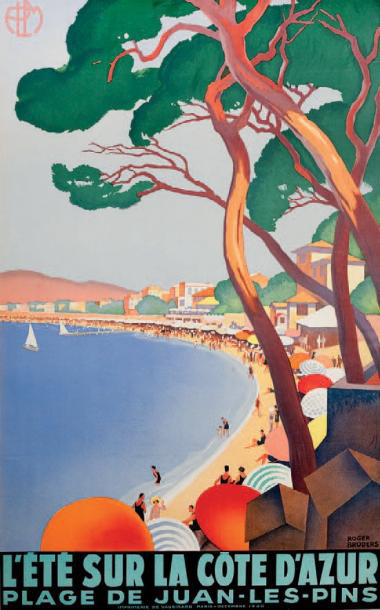 5 081 €Roger Broders (1883-1953), P.L.M. L’été sur la Côte d’Azur. Plage de Juan-les-Pins, 1930, imprimerie de Vaugirard, Paris, 99,5 x 61,5 cm.Drouot