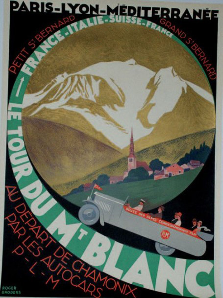 3 750 €Roger Broders (1883-1953), P.L.M. Le tour du Mont-Blanc, juin 1927, imprimerie Lucien Serre & Cie, Paris, 106 x 76 cm.Drouot, 21 mai 2015. Yann
