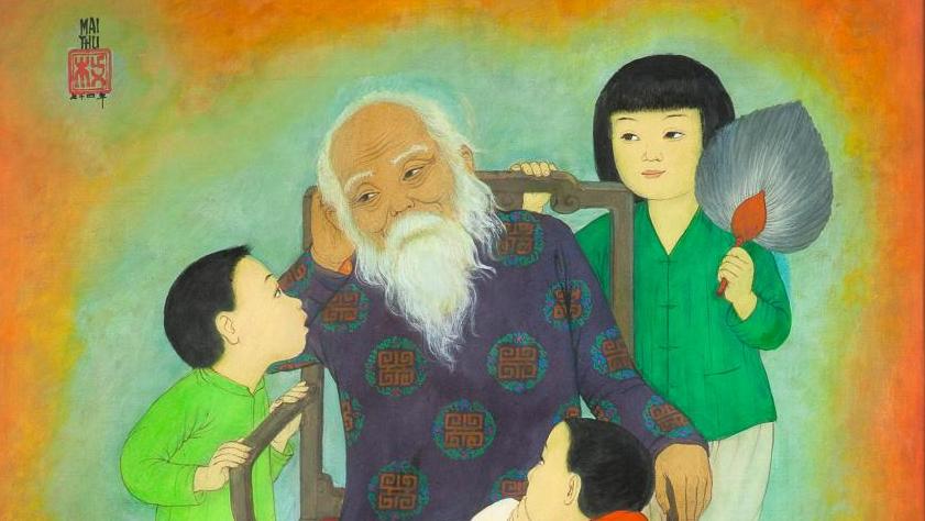 Mai Trung Thu, dit Mai-Thu (1906-1980), Auprès du grand-père, encre et couleurs sur... D’Hanoï à Paris, le parcours de Mai-Thu