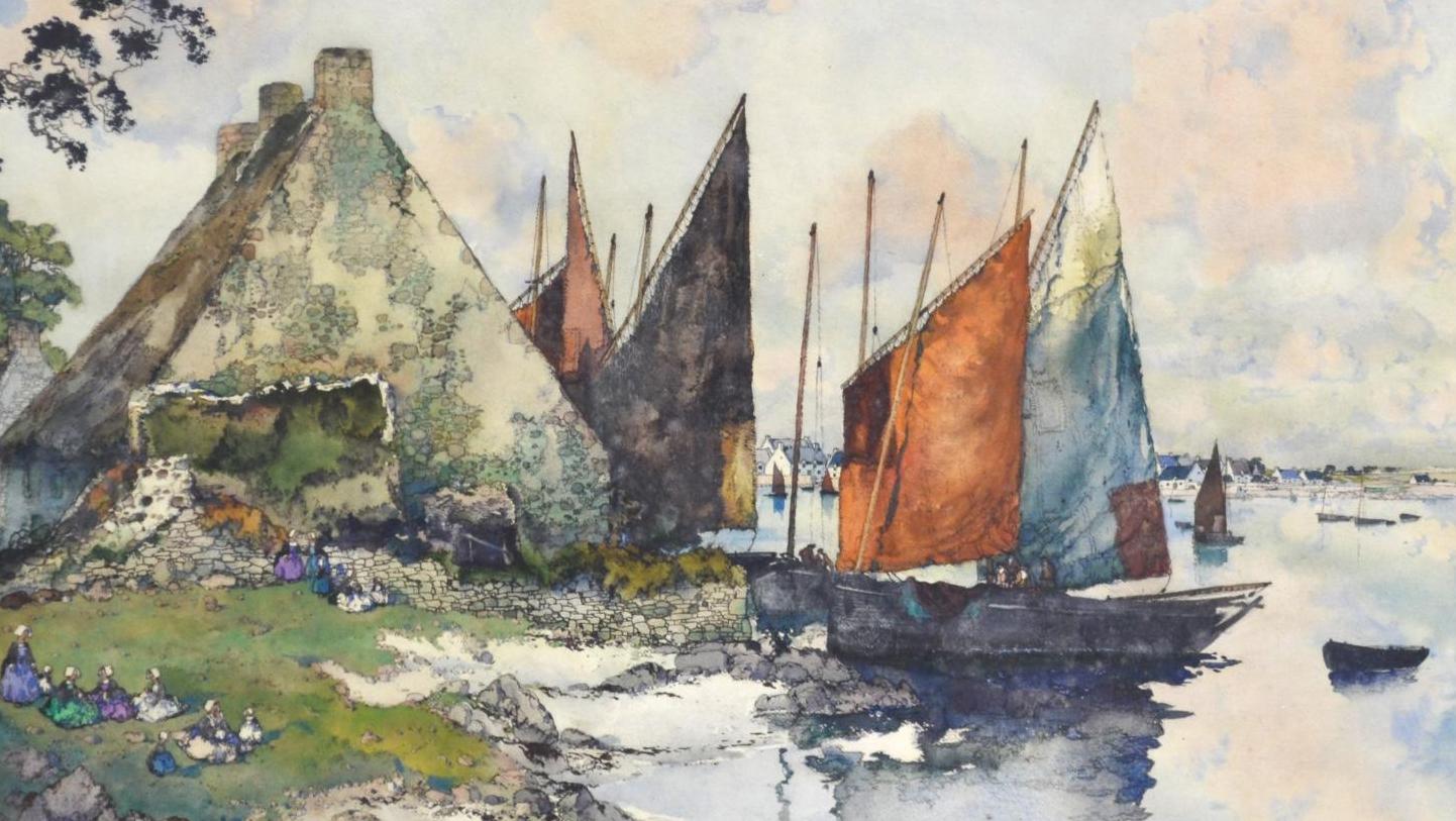 Ernest Guérin (1887-1952), Locmariaquer, Bretagne, aquarelle, 64 x 80 cm à vue. ... Sur le littoral atlantique, peintures avec vue