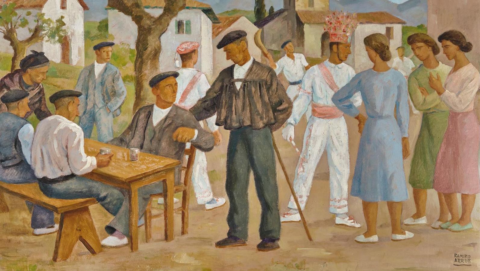 Ramiro Arrue (1892-1971), Fêtes de village à Sare, vers 1955, huile sur panneau,... Artistes modernes à Saint-Jean-de-Luz