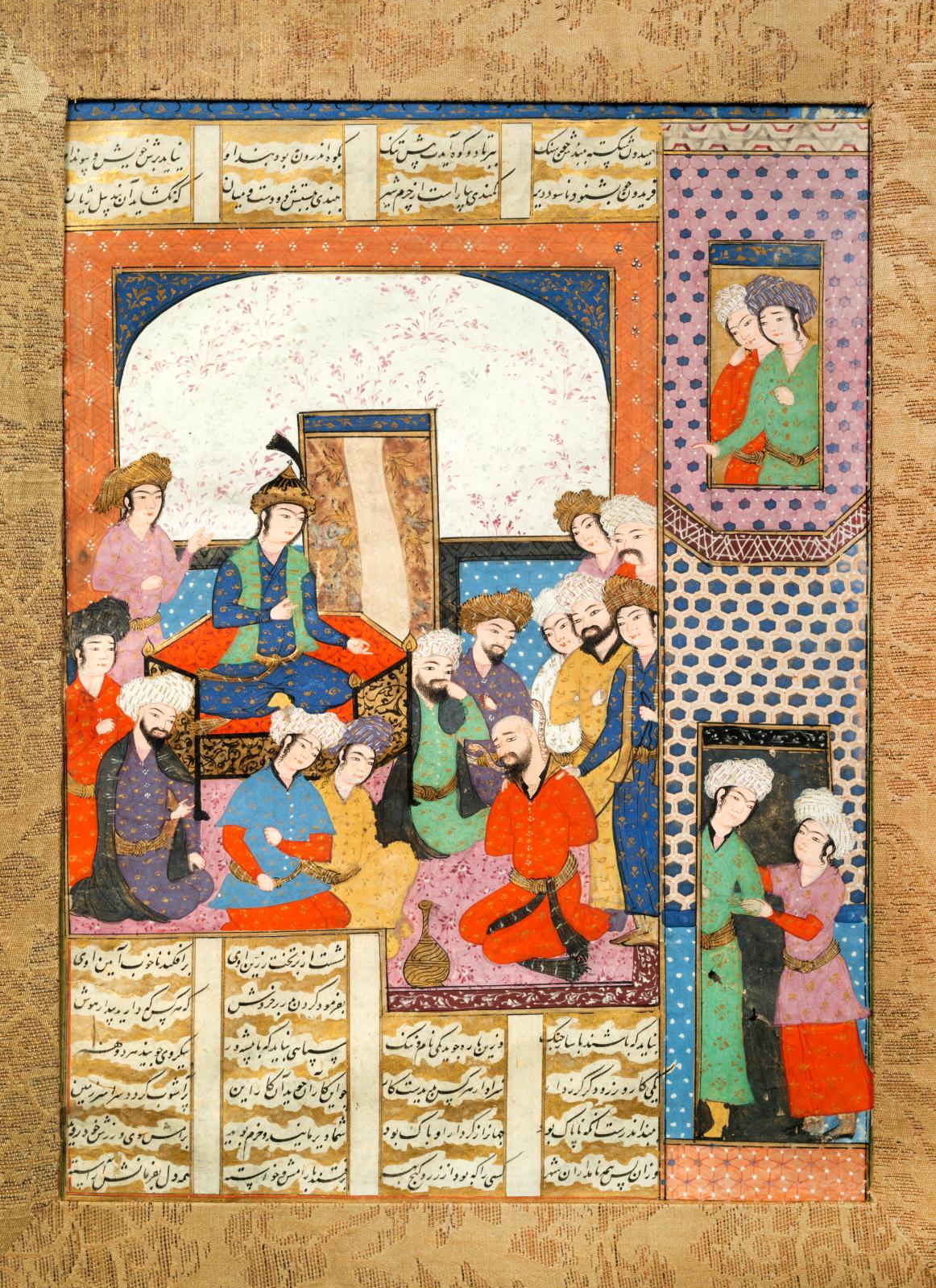 Iran, Chiraz ou Qazvin, vers 1600, dynastie safavide. Zahhak prisonnier amené devant Faridun, page d’un Shâhnâmeh, encre, pigments polychromes et or s