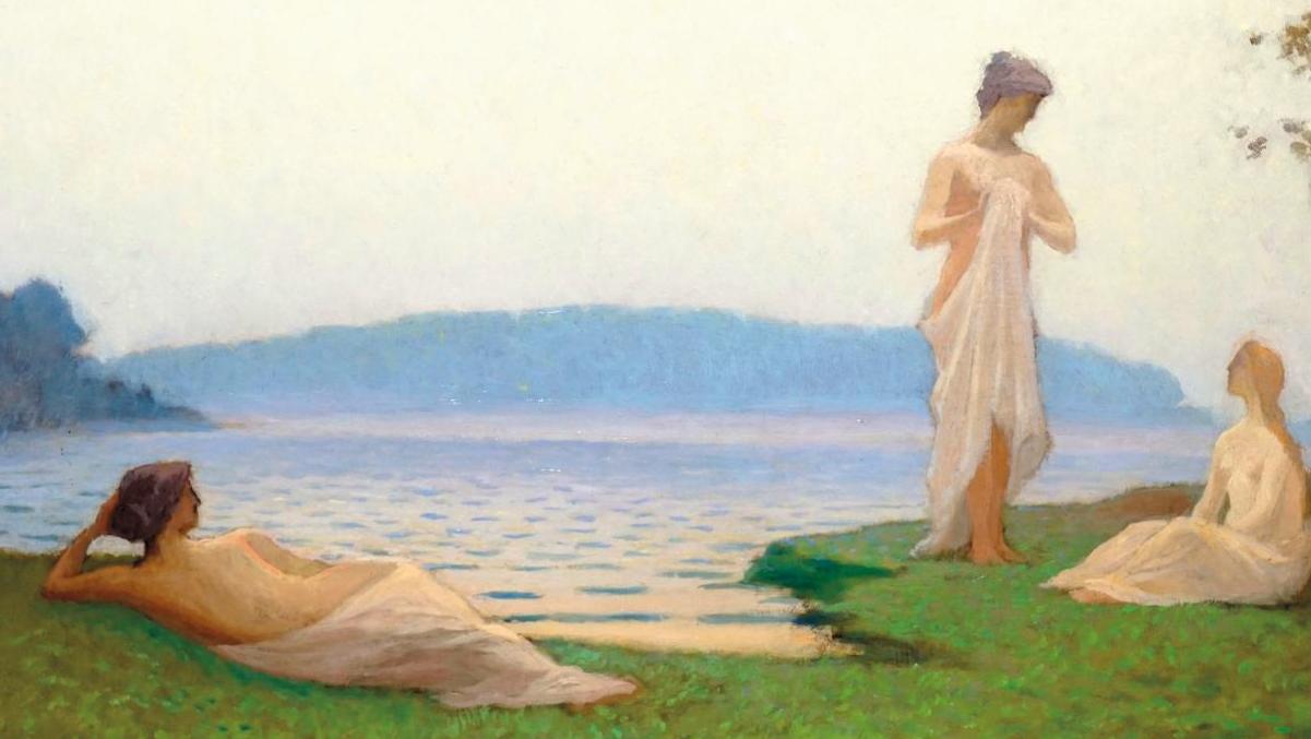Alphonse Osbert (1857-1939), Jeunes femmes au bord de l’eau le matin, 1937, huile... Dans l’Arcadie symboliste 