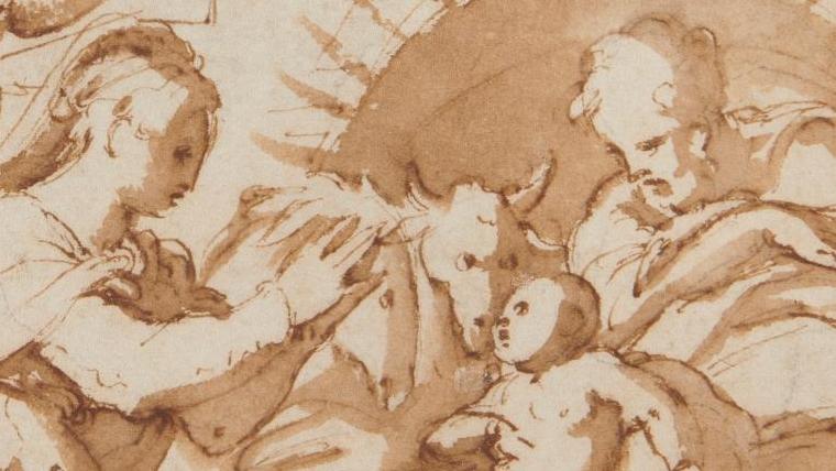 Giorgio Vasari (1511-1574), L’Adoration des bergers, plume et encre brune sur trait... Délicate Adoration
