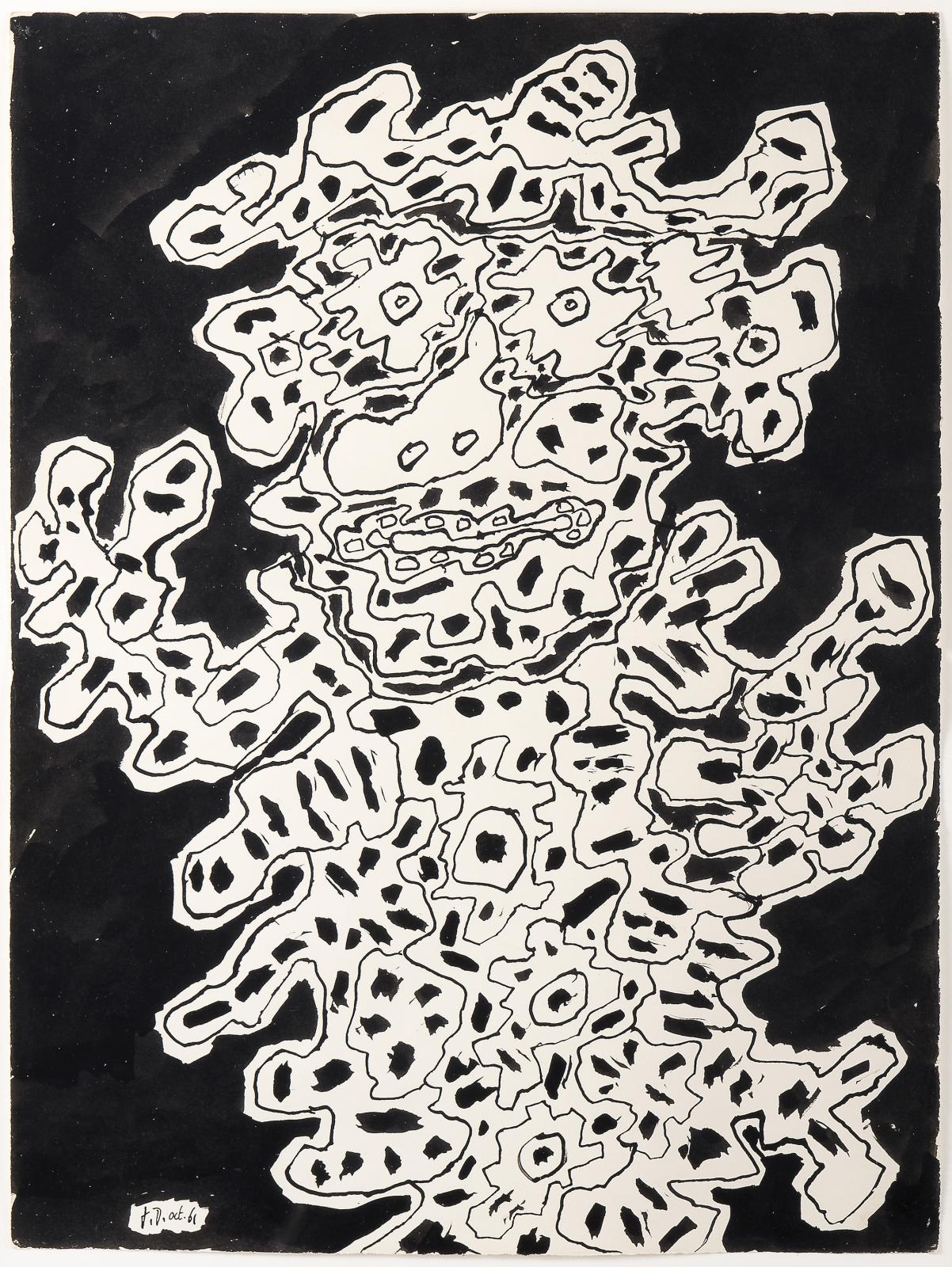 Jean Dubuffet (1901-1985), Personnage fond noir, 1er octobre 1961, dessin encre de Chine à la plume et au pinceau, 33,5 x 25 cm. Estimation : 100 000/