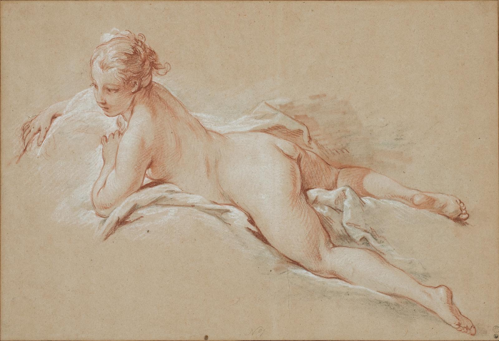 François Boucher (1703-1770), Femme nue allongée, vers 1740, sanguine, pierre noire et craie blanche sur papier crème. © The Horvitz Collection © Phot