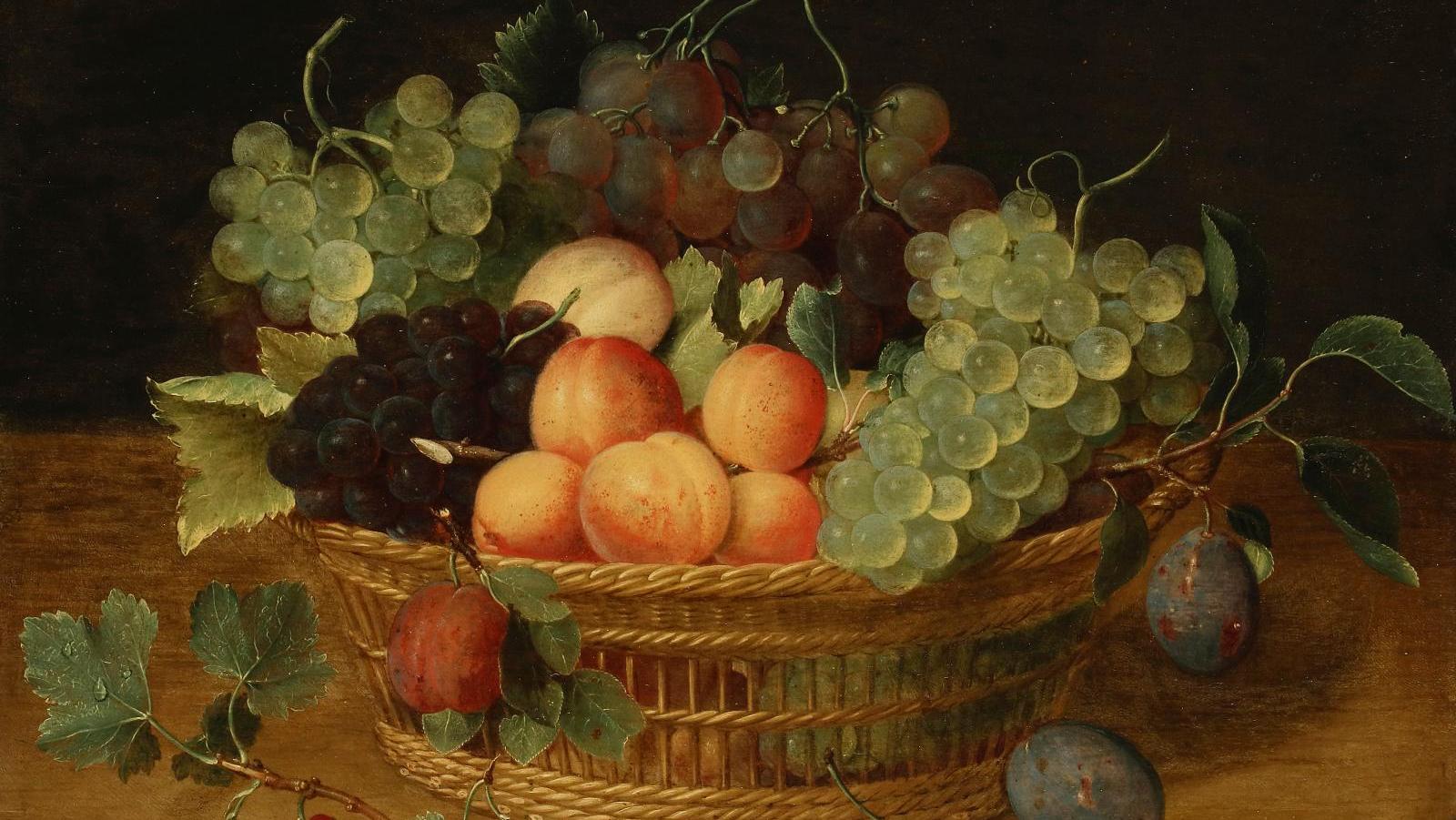Isaak Soreau (1604-1644), Basket of Grapes and Apricots, Redcurrant Branch on an... Isaak Soreau, Simplicity and Abundance