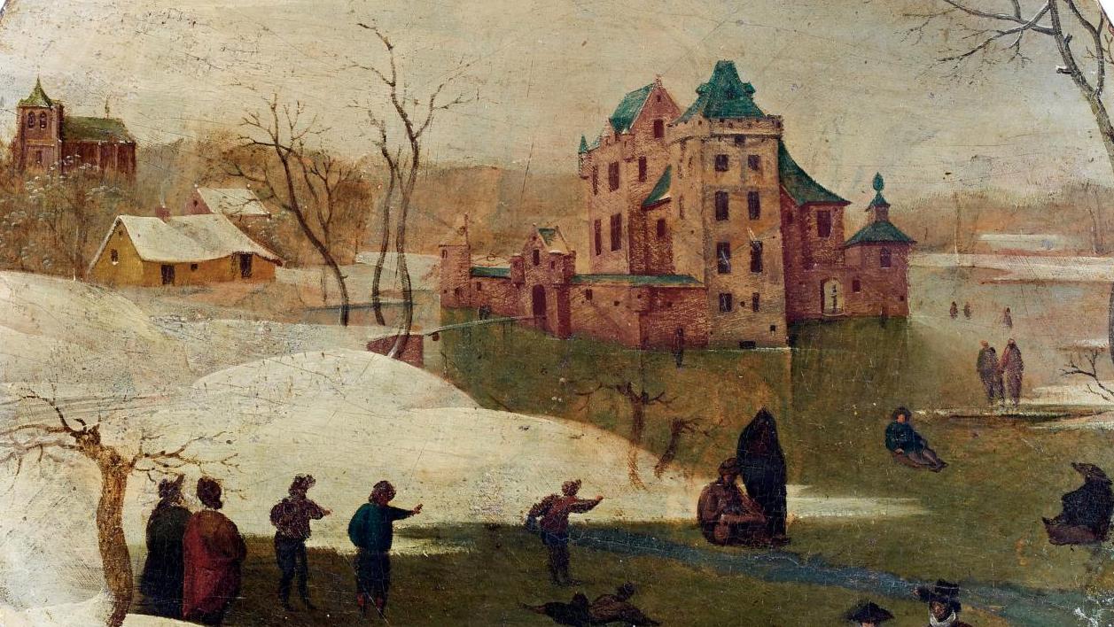 143 704 €Abel Grimmer (vers 1570-av. 1619), Patineurs sur un lac gelé près d’un château,... Le patin à glace