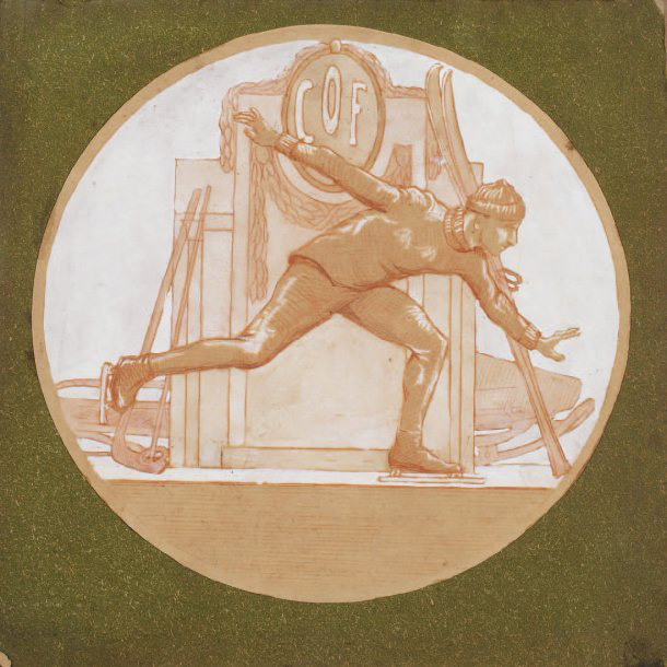 372 €Jeux Olympiques d’hiver, 1924, Le Patineur, sanguine, lavis et gouache blanche (projet de médaille pour le comité olympique français),diam. 22 cm