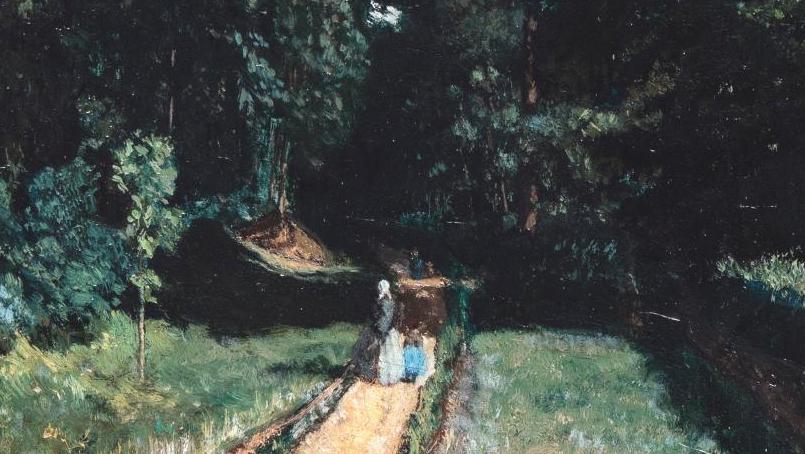 Paul Camille Guigou (1834-1871), Sous-bois avec quatre personnages, huile sur toile,... La peinture provençale  au premier rang de la modernité