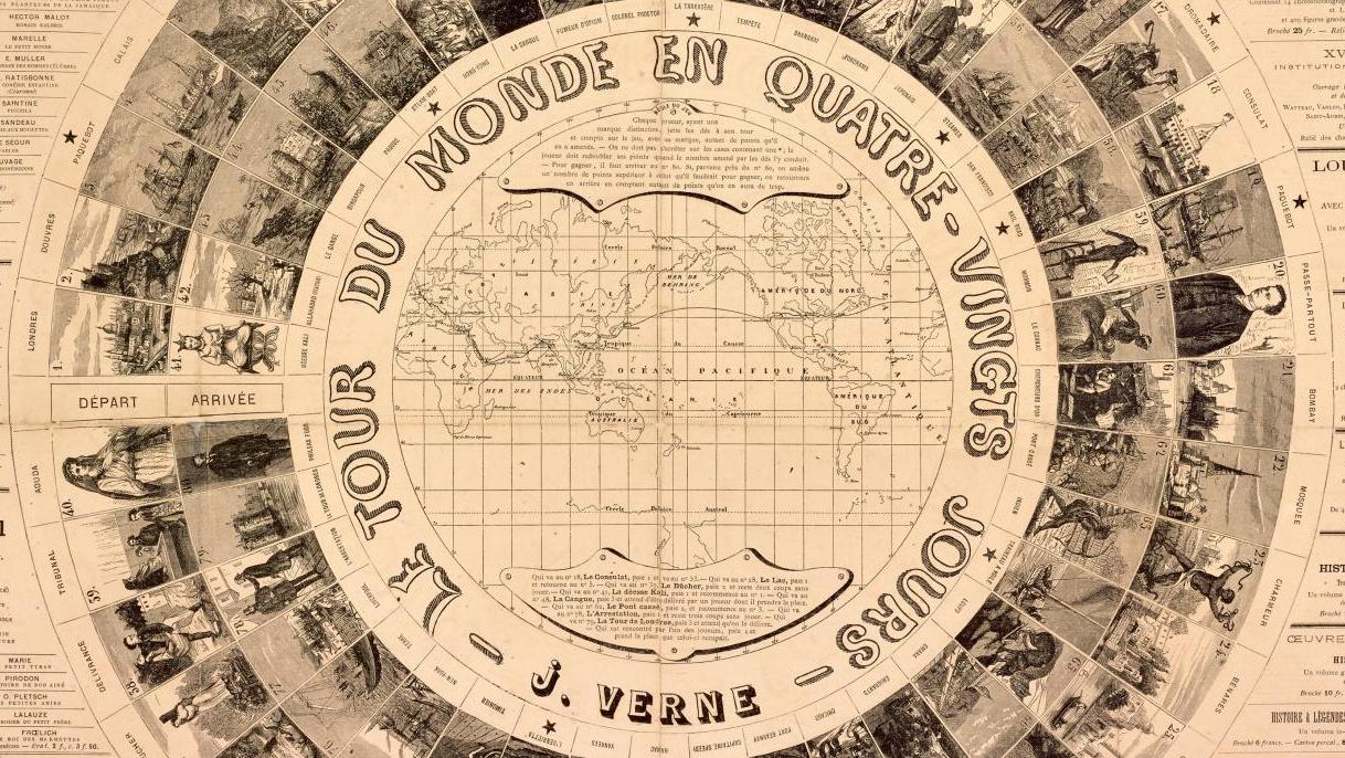 1 403 €Jules Verne (1828-1905), placard publicitaire sous forme de jeu du Tour du... Jules Verne