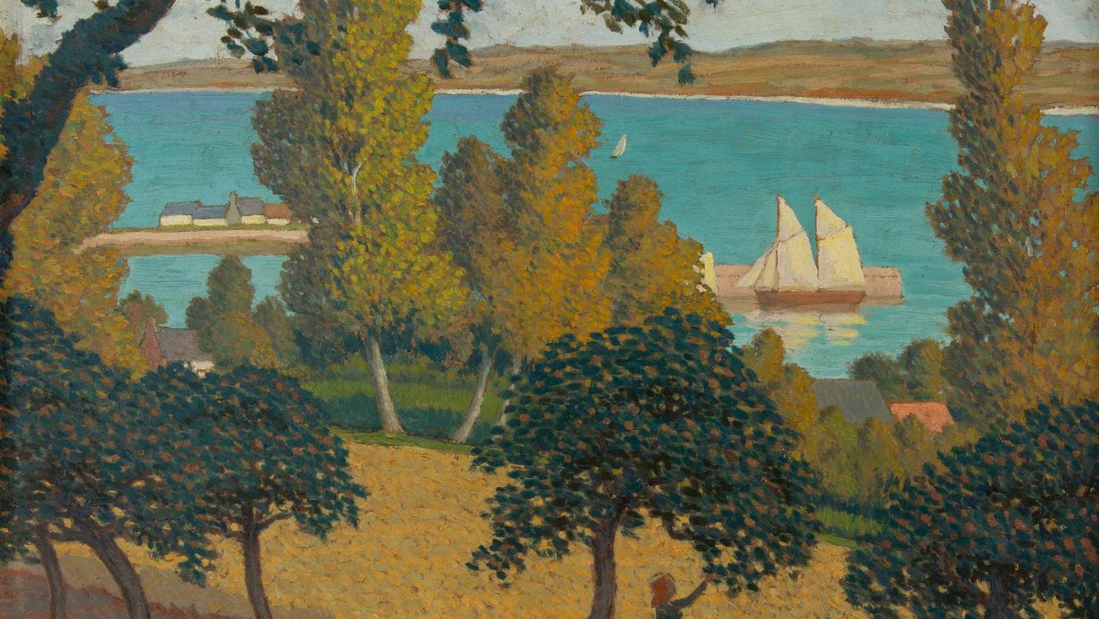 Albert Clouard (1866-1952), La Cueillette des pommes, huile sur carton, 40 x 51 cm.... La Bretagne, terre de l’art moderne et de la couleur
