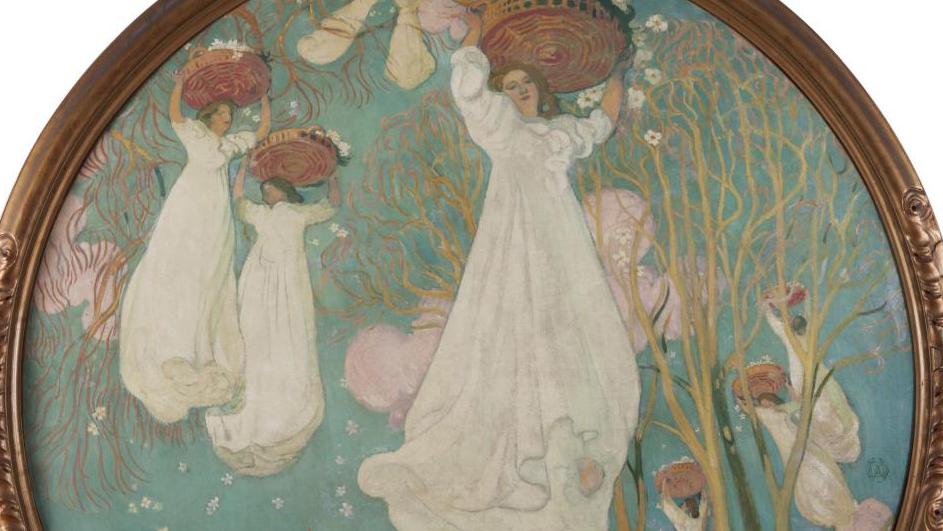 Maurice Denis (1870-1943), Avril, vers 1894, huile sur toile signée du monogramme,... Maurice Denis un décorateur symboliste