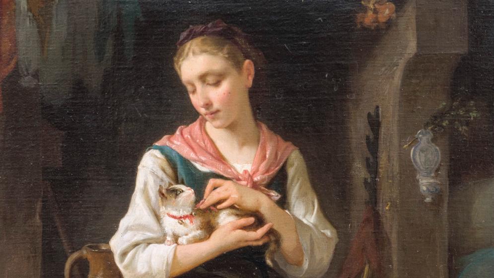Émile Munier (1810-1895), Femme et chaton, huile sur toile, 1876, 64 x 41,5 cm. Adjugé :... Tendres scènes de genre et précieux presse-papiers