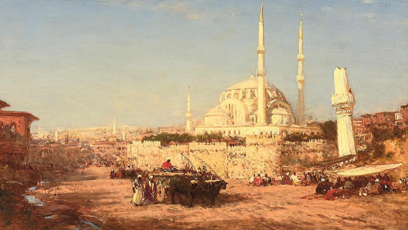 Félix Ziem (1821-1911) Vue de la mosquée d’Eyüp à Istanbul, panneau parqueté, 54 x 80 cm.... Fascination de l’Orient