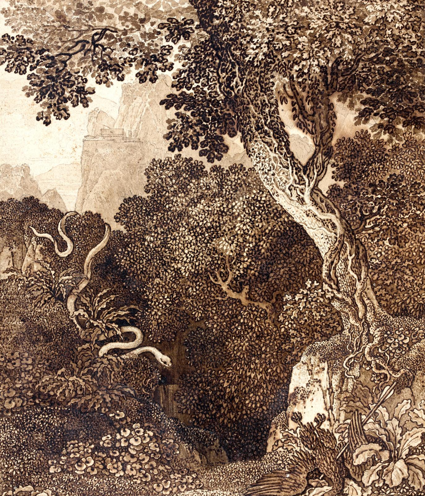 Anne-Louis Girodet de Roucy, dit Girodet-Trioson (1767-1824), Paysage montagneux avec un serpent s’approchant d’un aigle transpercé par une flèche, pl