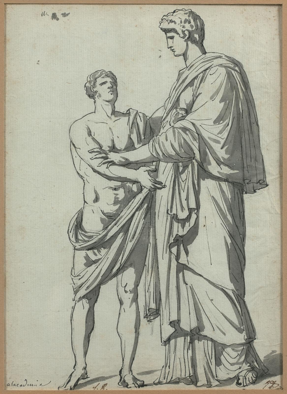 Jacques Louis David (1748-1825), Oreste et Électre (d’après un moulage du XVIIIe siècle à l’Académie de France à Rome), plume et encre noire, pinceau 