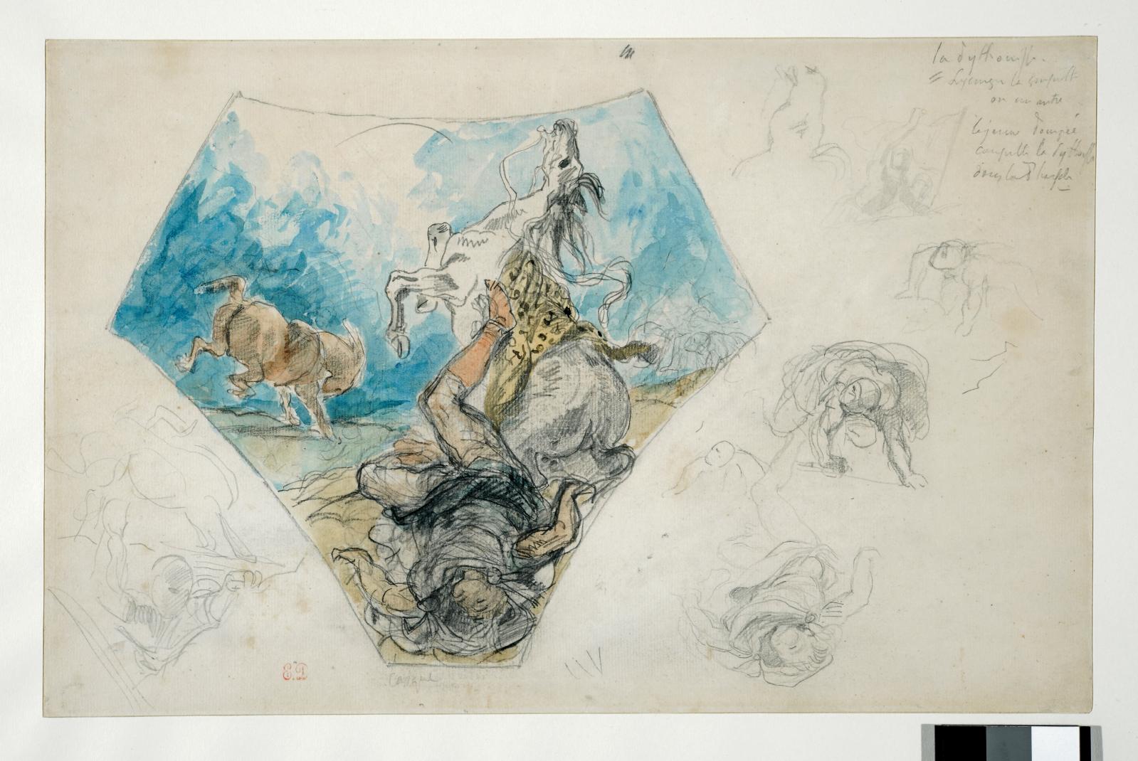 Eugène Delacroix (1798-1863), Saint Paul renversé sur la route de Damas, mine de plomb, pierre noire et aquarelle, 25,3 x 39,2 cm, École des beaux-art