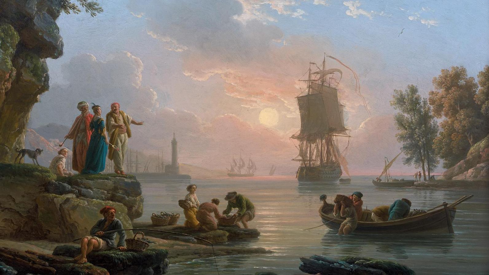 Claude-Joseph Vernet (1714-1789), Orientaux dans une crique au soleil couchant, 1780,... Joseph Vernet, les «vues» de la mer
