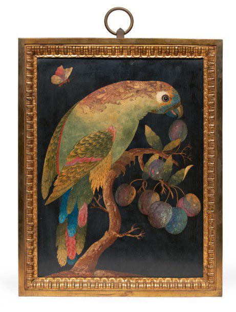 Italie, XVIIe siècle, paire de plaques en scagliole polychrome sur fond noir, représentant des perroquets sur des branches de prunier et de cerisier, 