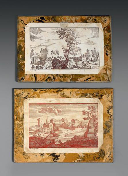 Amedeo Seyter, XVIIIe siècle, deux panneaux formant pendant en scagliona à décor de gravures fixées sur marbre, 22,5 x 30 cm et 20 x 28,5 cm.Drouot, 2