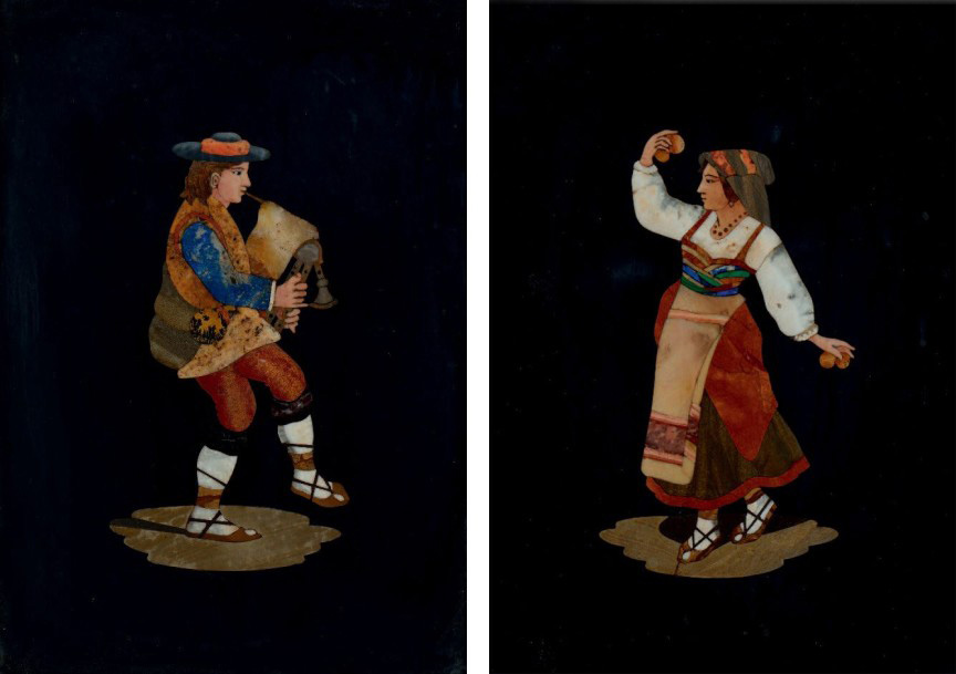 XIXe siècle, paire de tableaux représentant une femme, et un homme jouant de la cornemuse, marqueterie de pierres dures et marbre sur fond d’ardoise, 