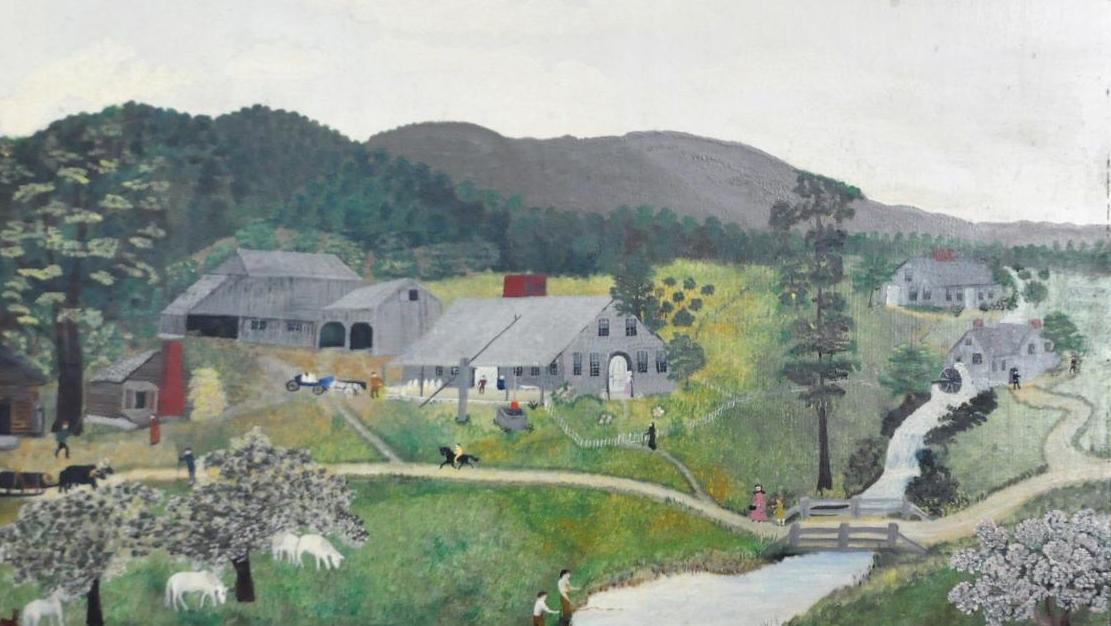 Grandma Moses (1860-1961), The Home of Hezekiah King, oil on Isorel, signed, titled... A Very Gifted Grandmother