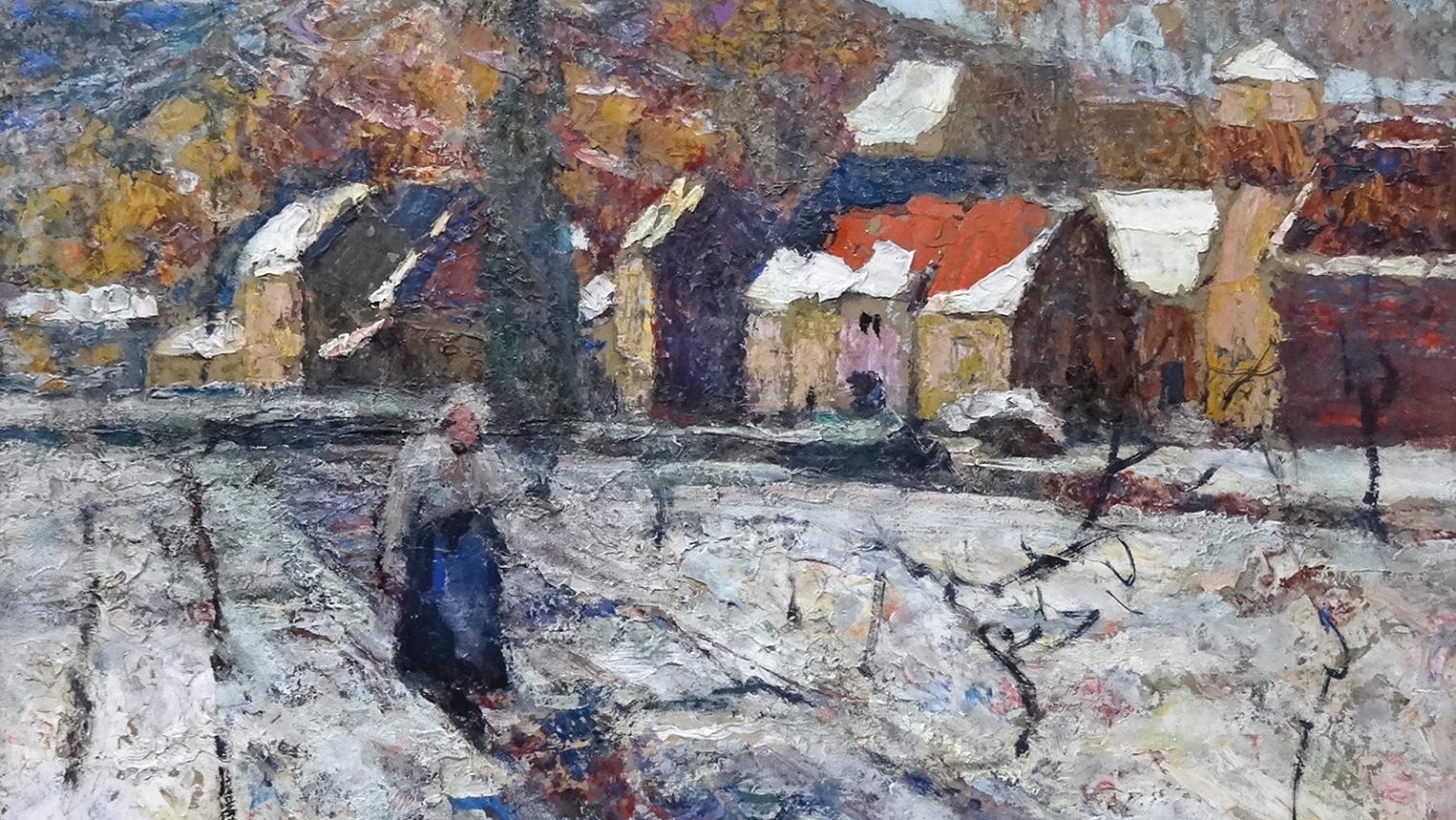 Victor Charreton (1864-1936), Village de Murols, neige, huile sur carton, 60 x 73 cm.... La saison préférée de Charreton