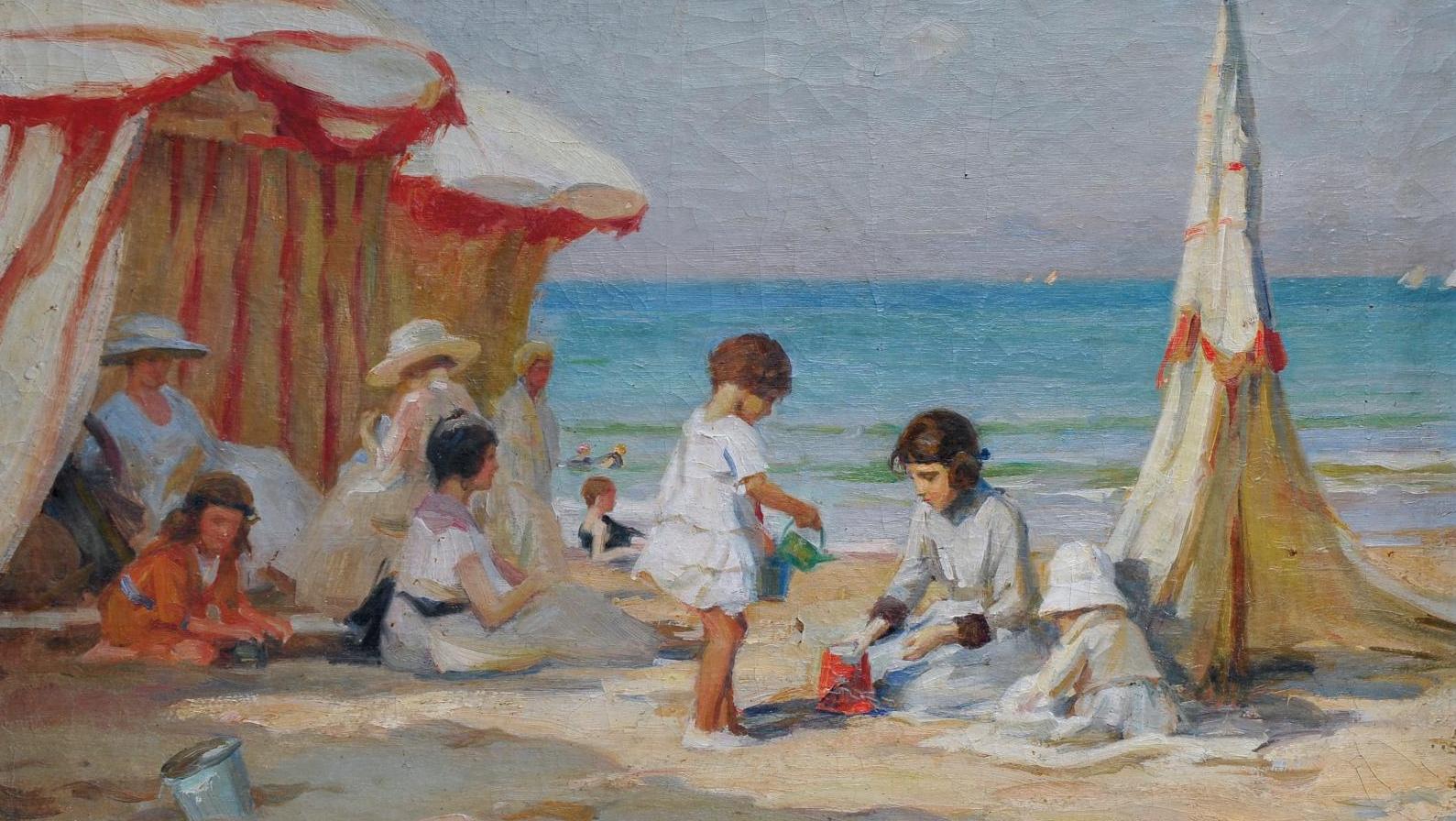 Paul-Michel Dupuy (1869-1949), Enfants jouant sur la plage (Villers-sur-Mer), huile... Sur la plage de Villers-sur-Mer avec Dupuy