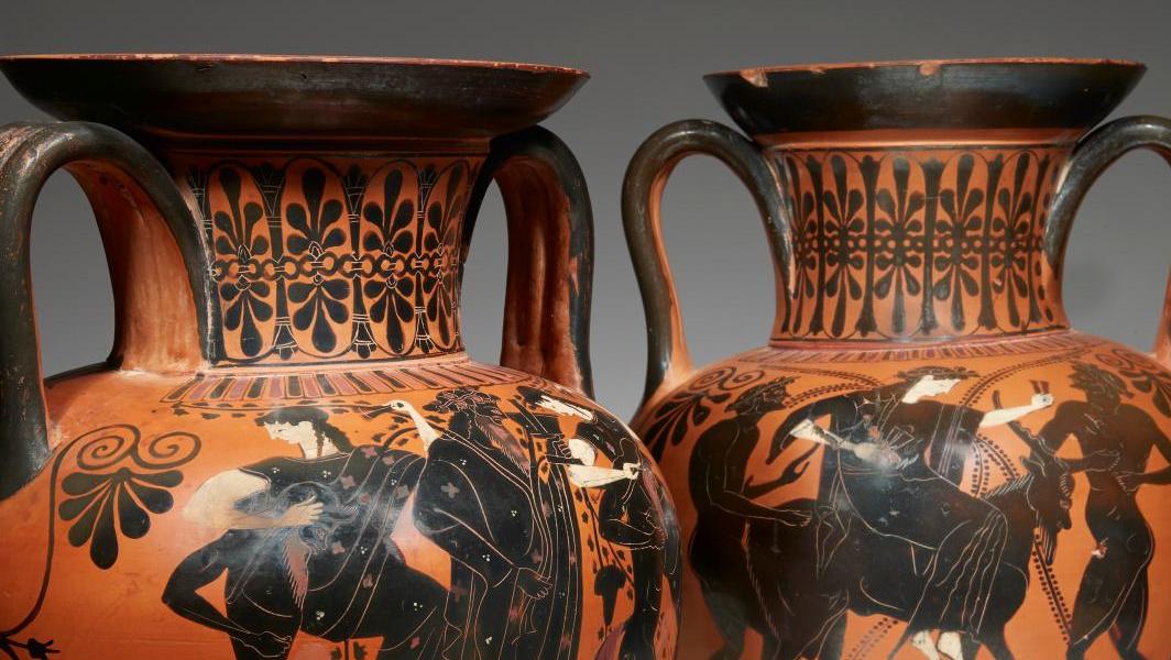 Attributed to the Leagros Group, Attica, c. 520-500 BC. Two black-figure amphorae,... Two Attic Amphoras Pre-empted by the Louvre