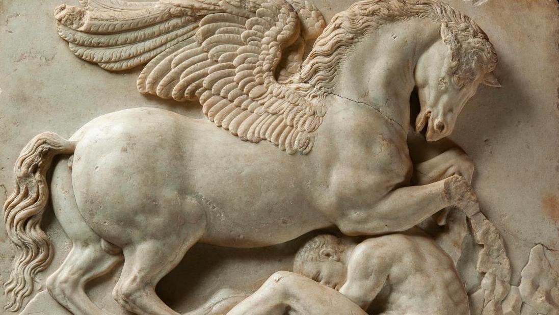 Ancient or 16th-century Italian bas-relief, carved marble depicting Pegasus, Bellerophon... Pegasus Reaches the Heights