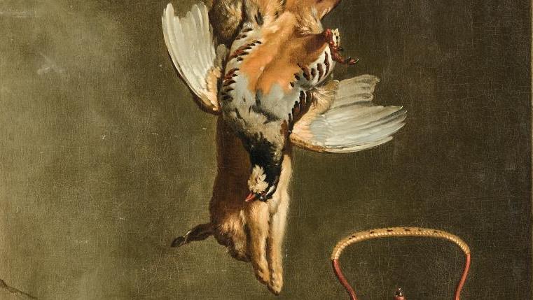 Jean-Baptiste Oudry (1686-1755), Perdrix rouge, lapin, citrons, oranges et bouilloire,... Gibier à plume et à poil